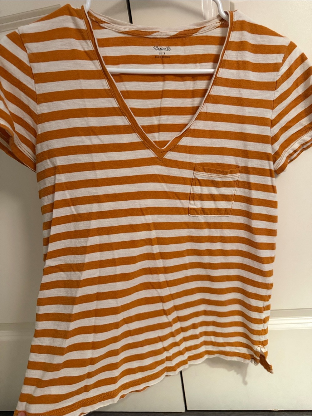 Madewell White and Mustard Striped V-Neck Pocket Tee